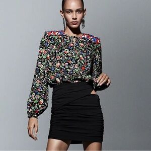 Zara floral shoulder pad patchwork blouse